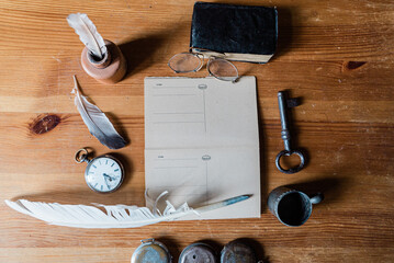 still life with old paper and accessories