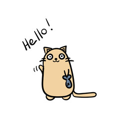 Very cute Cat saying Hello. Hand drawn in cartoon style. Animal wildlife Kitten Flat vector illustration. Kawaii cat card sketch for t shirt design, School books, Greeting cards, posters.