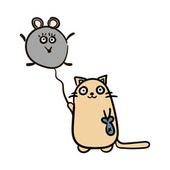 Very cute Cat with a balloon mouse hand drawn in cartoon style. Animal wildlife Kitten Flat vector illustration. Kawaii cat card sketch for t shirt design, School books, Greeting cards, posters.