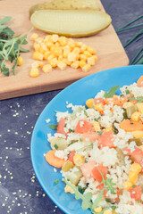 Fresh salad with couscous and vegetables as best nutritious food for dieting and slimming. Source vitamins and minerals
