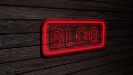 Blog red color neon fluorescent tubes signs on wooden wall. 3D rendering, illustration, poster, banner. Inscription, concept on gray wooden wall background.