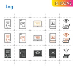 log icon set. included tablet, student-laptop, ebook, book, enter, book (2) icons on white background. linear, bicolor, filled styles.