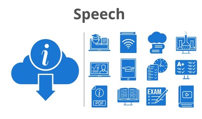 speech set. included exam, cloud library, chemistry, audiobook, professor, ebook, pdf, test, student-tablet, information, training, test (2) icons. filled styles.
