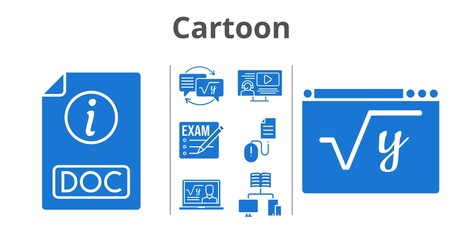 cartoon set. included exam, professor, instructor, homework, school, maths, doc, click icons. filled styles.