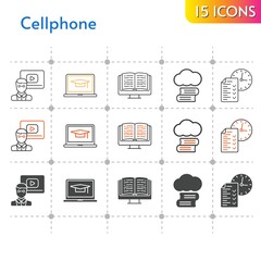 cellphone icon set. included cloud library, teacher, student-laptop, ebook, test icons on white background. linear, bicolor, filled styles.