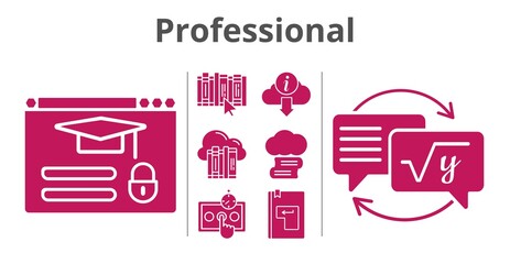 professional set. included cloud, cloud library, homework, book, information, enter, login, test (1) icons. filled styles.