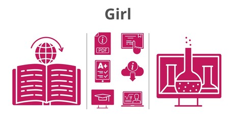 girl set. included chemistry, ereader, professor, pdf, learning, touchscreen, information, student-desktop icons. filled styles.