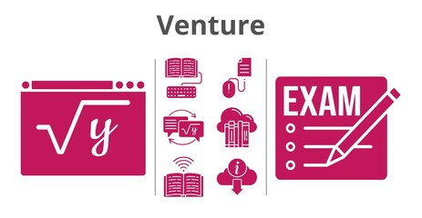 venture set. included cloud, exam, homework, maths, book, information, click icons. filled styles.