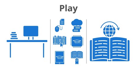 play set. included cloud library, chip, desktop, ebook, book, student-tablet, learning, click icons. filled styles.