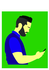 Bearded man looks at cell phone vectorized