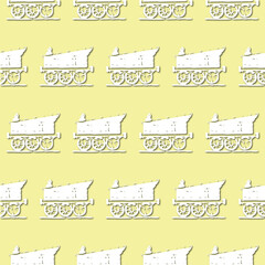 White retro train, locomotive silhouette on pale green background, seamless pattern. Paper cut style - 367251803