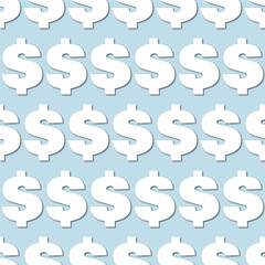 White american dollar silhouette on pale blue background, seamless pattern. Paper cut style