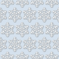 White snowflakes on pale blue background, seamless pattern. Paper cut style - 367251814