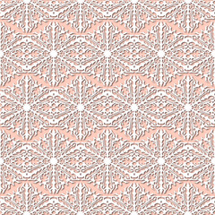 White snowflakes on pale pink, beige background, damask ornament seamless pattern. Paper cut style - 367251824