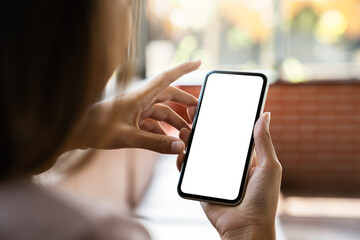 mock up phone in woman hand showing white screen - Powered by Adobe