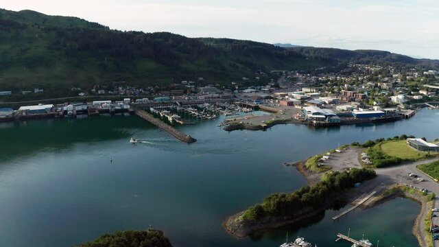 Aerial View Over The Town and Waterfront of Kodiak Alaska
