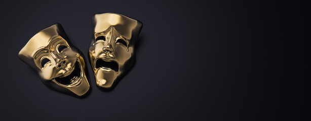 Golden theater masks of drama and comedy on a dark background (3D Rendering, illustration) - obrazy, fototapety, plakaty