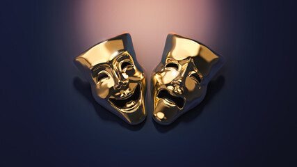 Golden theater masks of drama and comedy on a purple background (3D Rendering, illustration)