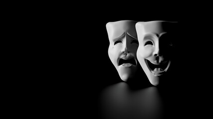 high contrast image of theater masks of drama and comedy on a black background (3D Rendering, illustration) - 367253290