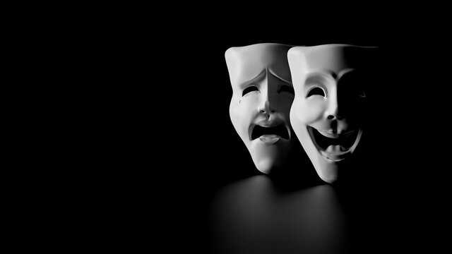 high contrast image of theater masks of drama and comedy on a black background (3D Rendering, illustration)