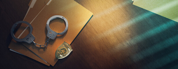 Police officer badge with handcuffs on a dark background ( 3D rendering, illustration ) - obrazy, fototapety, plakaty
