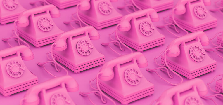 3D Rendering, illustration of vintage pink rotary telephones.