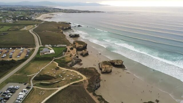 Beautiful beach of Playa de las Catedrales in Galicia,Spain Aerial Drone Video
