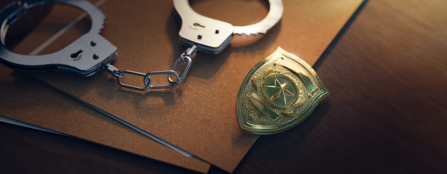 Police Officer Badge With Handcuffs On A Dark Background ( 3D Rendering, Illustration )