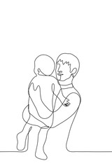 young man stands holding and hugging the baby to him. Vector illustration in the style of one continuous inya drawing. Can be used for animation