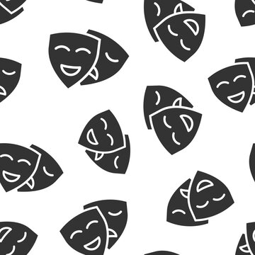 Theater mask icon in flat style. Comedy and tragedy vector illustration on white isolated background. Smile face seamless pattern business concept.