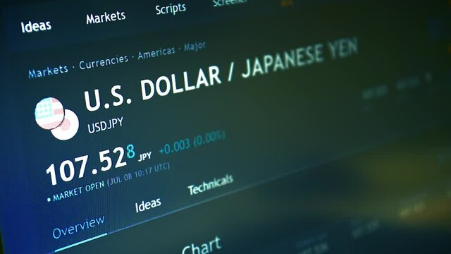 Currency pairs on stock market or forex trading platform. U.S. Dollar / Japanese Yen on stock market.