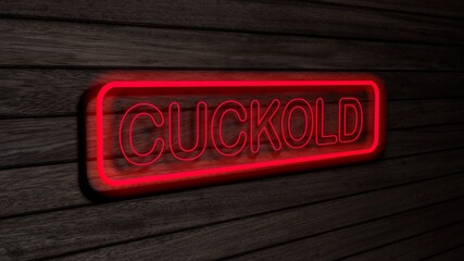 Cuckold red color neon fluorescent tubes signs on wooden wall. 3D rendering, illustration, poster, banner. Inscription, concept on gray wooden wall background.