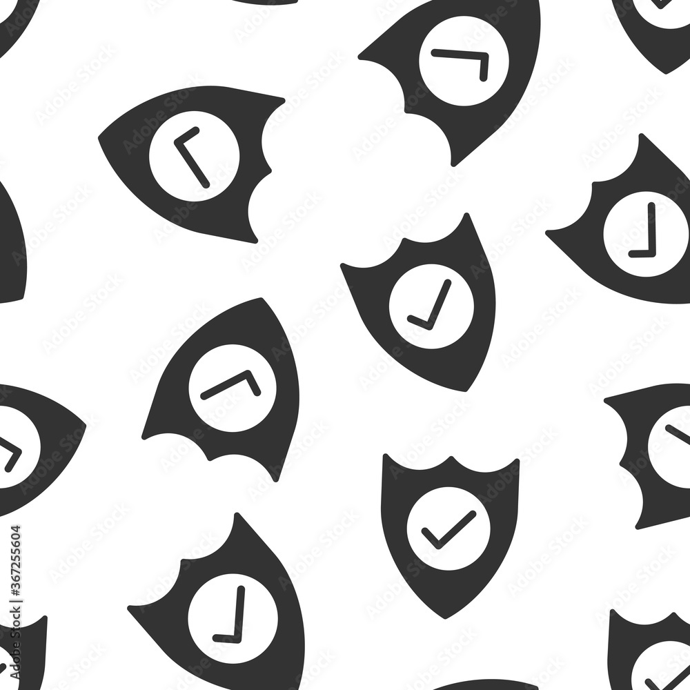 Poster shield with check mark icon in flat style. protect vector illustration on white isolated background.
