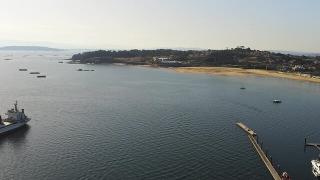 Boats in the marina. Coastal village of Galicia,Spain. Aerial Drone Video