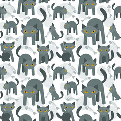 Cute angry cat with fishbone and dot background seamless vector illustration
