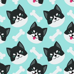 Cute siberian husky with bone background seamless vector illustration