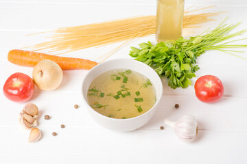vegetable broth, vegan menu, broth and ingredients for vegetarian soup