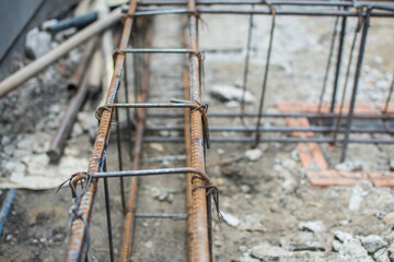 Steel tie of ground beam waiting for concrete work