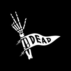 SKELETON HAND WITH PENNANT WHITE BLACK BACKGROUND