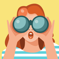 Girl with binoculars in retro style. Wonder. Vector illustration.
