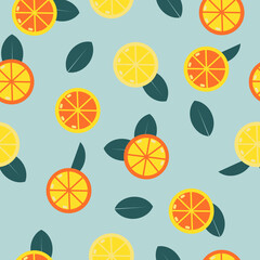 Seamless pattern with oranges. lemons, grapefruits and leaves. Vector illustration. Healthy diet concept fruit print