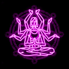 Image of a yoga girl using neon outlines with a dharma symbol background.