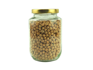 Soybeans in glass bottle with gold lid isolated on a white background. Healthy food. Plant protein. Copy space for text..
