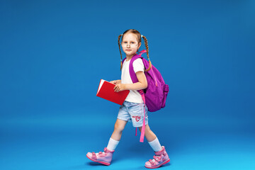 Happy little girl with glasses goes to school for the first time.