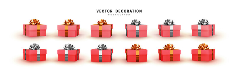 Set of gifts box pink color. Collection realistic gift presents with golden and silver fluffy bow. Holiday 3d objects. vector illustration.
