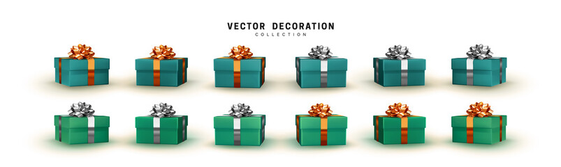 Set of gifts box turquoise color. Collection realistic gift presents with golden and silver fluffy bow. Holiday 3d objects. vector illustration.