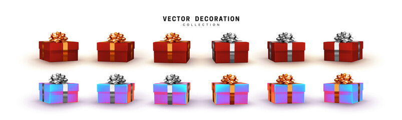 Set of gifts box red and hologram color gradient. Collection realistic gift presents with golden and silver fluffy bow. Holiday 3d objects. vector illustration.