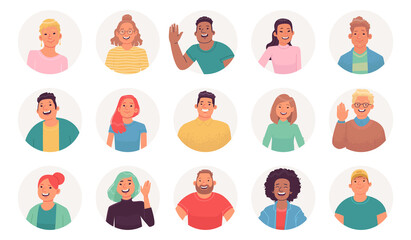 Character avatars set. Business men and women are smiling. Multicultural persons for profile design.