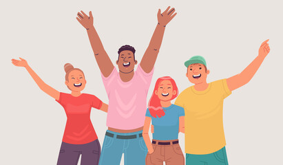 Fototapeta premium Portrait of happy young people. Cheerful friends, friendly company shows joyful emotions
