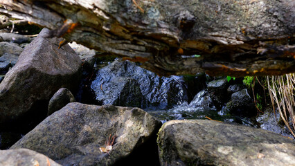 Naklejka na ściany i meble A miniaturized world with stones, trunk and waterfalls.
